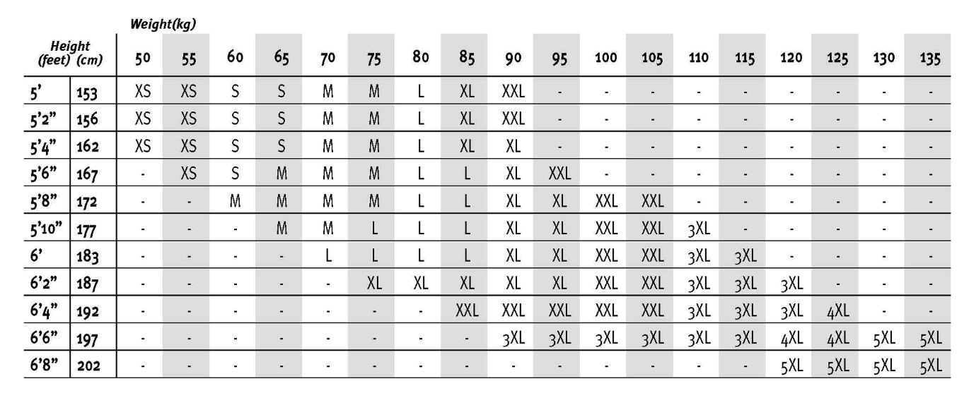 Oringi Clothing Sizing Chart