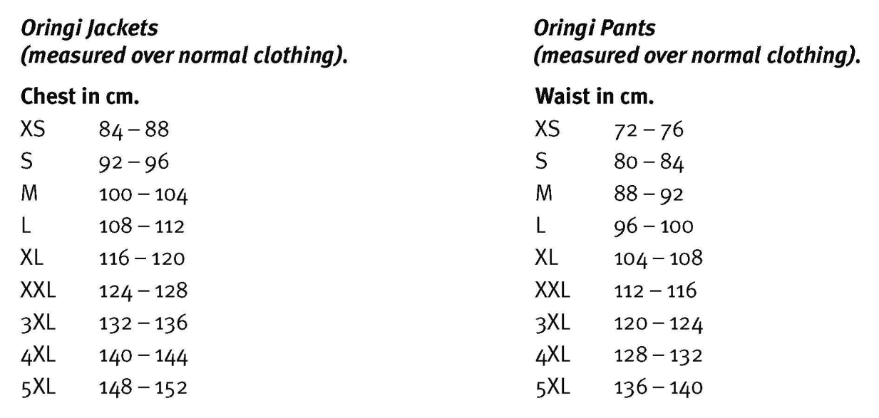 Oringi Clothing Sizing Chart